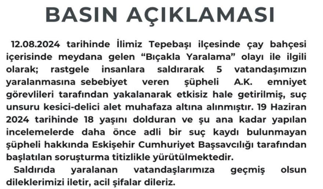 Eskişehir Valiliği Saldırı Hakkında Açıklama Yaptı