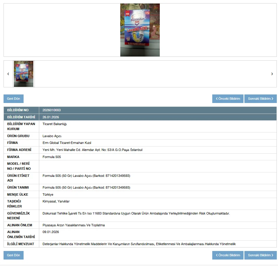 Formula 505 Ürün Toplatma Kararı