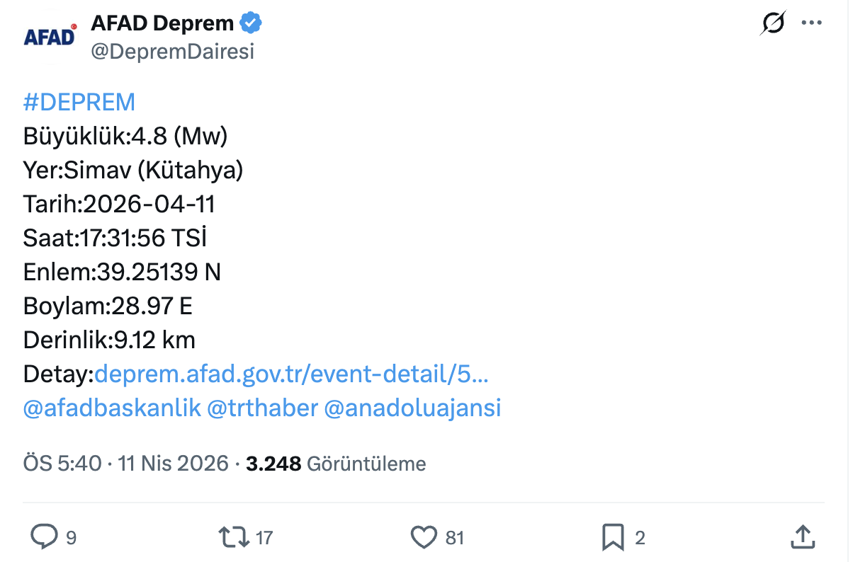 Kütahya Deprem Afad